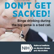 Don't get sacked, binge drinking during the big game is a bad call. Referee blowing his whistle. Small badge.